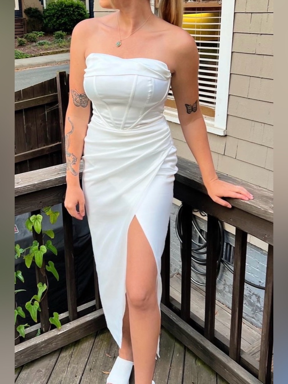 Strapless White Midi Dress with Side Slit